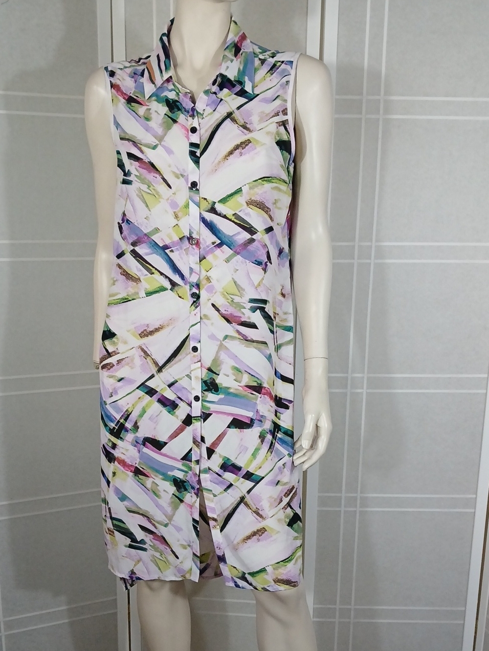 Sleeveless Button-Front Multicolored Dress L